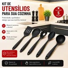 Kit Utensílios silicone Preto -  Cozinha Completa 5 peças - Concha Espumadeira Pegador Macarrão Colher Espatula vazada