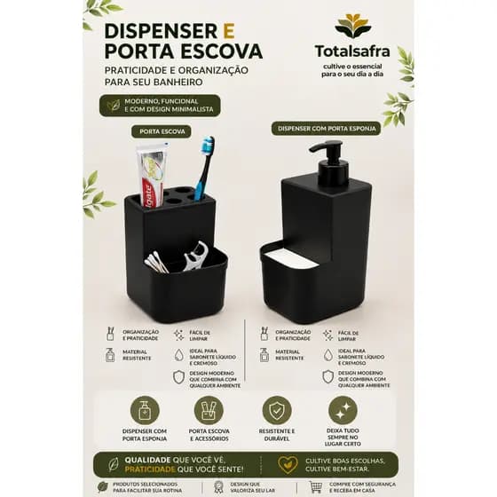 Kit Banheiro com Dispenser Sabonete Líquido + Porta Escova de Dente Prático e Moderno