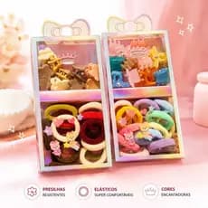 Kit xuxinha elásticos e prendedores (mini piranha) cabelo infantil sortido - 14 elásticos e 10 mini prendedores