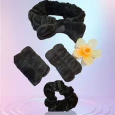 Kit 5 Acessórios de Skincare Feminino - Faixa Laço, Faixa de Pulso, Presilha de Flor, Xuxinha de cabelo