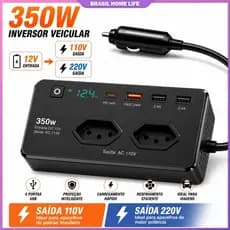 Inversor De Potência Para Carro 350W 12V A 110V Com Soquete 3USB + Conversor Automotivo Tipo C