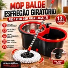 Mop Giratório Pró com Balde 13L c/Rodas Alça Refil Microfibra Limpeza Prática dispenser p/ cheirinho
