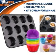 Forma Assadeira Teflon 12 Cavidades E Forminhas De Silicone Antiaderente Fléxivel Cupcake Pão De Queijo Bolinhos