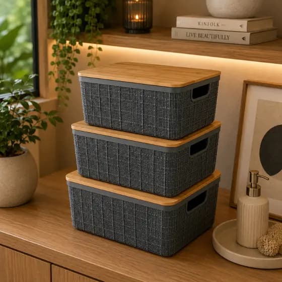 Kit com 3 Caixa Organizadora Tampa de Bambu 4 Litros Cinza Oikos Multiuso Cestos Porta Natural Banheiro Divisórias Casa