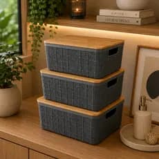 Kit com 3 Caixa Organizadora Tampa de Bambu 4 Litros Cinza Oikos Multiuso Cestos Porta Natural Banheiro Divisórias Casa