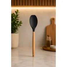 Espatula Redonda de Silicone Preta Oikos Cabo de Madeira Cozinha Kit Utensílios Pçs Conjunto Resistente Multiuso