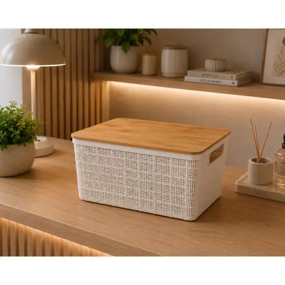 Caixa Organizadora Tampa de Bambu 4 Litros Branca Kit Oikos Multiuso Cestos Porta Natural Banheiro Chá Divisórias Casa
