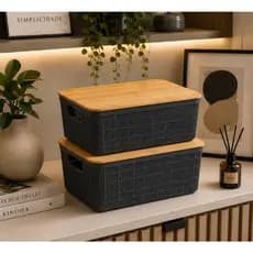 Kit com 2 Caixa Organizadora Tampa de Bambu 4 Litros Cinza Oikos Multiuso Cestos Porta Natural Banheiro Divisórias Casa