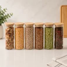 Potes de Vidro com Tampa de Bambu Kit com 6 450ml Mantimentos Herméticos Oikos Pote Cozinha Alimentos Tempero Redondo