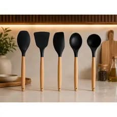 Kit de Utensílios Cozinha Silicone 5 Pçs Preto Oikos Cabo de Madeira Conjunto Resistente Multiuso Profissional Completo