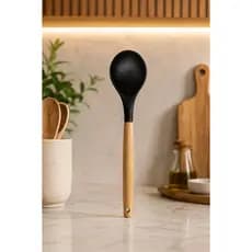 Colher de Silicone Preta Oikos Cabo de Madeira Cozinha Kit Utensílios Pçs Conjunto Resistente Colorida Completa Multiuso