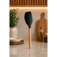 Espatula Reta de Silicone Preta Oikos Cabo de Madeira Cozinha Kit Utensílios Pçs Conjunto Resistente Multiuso