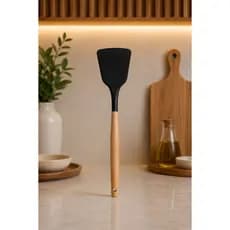 Espatula Tradicional de Silicone Preta Oikos Cabo de Madeira Cozinha Kit Utensílios Pçs Conjunto Resistente Multiuso