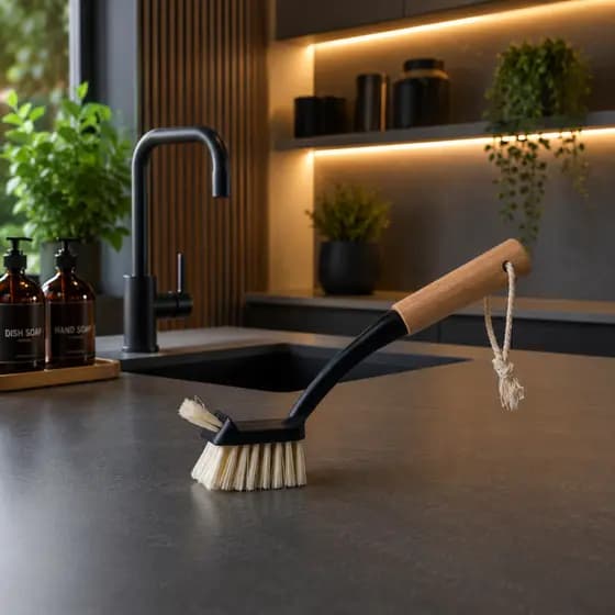 Escova de Limpeza Duo com Cabo de Bambu Preta Oikos Kit Multiuso Cozinha Pia Banheiro Decoração Longo Profissional