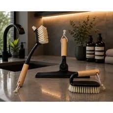 Kit de Limpeza Escova e Rodo de Pia Dobrável com Cabo de Bambu Preto Oikos 3 Pçs Cozinha Multiuso Pia Banheiro Decoração