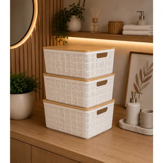 Kit com 3 Caixa Organizadora Tampa de Bambu 4 Litros Branca Oikos Multiuso Cestos Porta Natural Banheiro Divisórias Casa