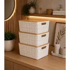 Kit com 3 Caixa Organizadora Tampa de Bambu 4 Litros Branca Oikos Multiuso Cestos Porta Natural Banheiro Divisórias Casa