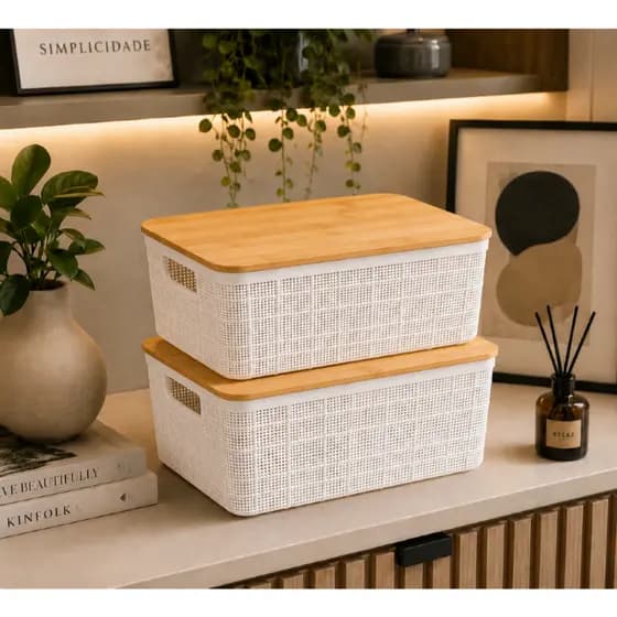 Kit com 2 Caixa Organizadora Tampa de Bambu 4 Litros Branca Oikos Multiuso Cestos Porta Natural Banheiro Divisórias Casa