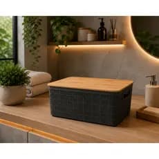 Caixa Organizadora Tampa de Bambu 4 Litros Cinza Kit Oikos Multiuso Cestos Porta Natural Banheiro Chá Divisórias Casa