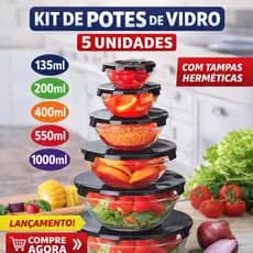 Kit 5 Potes de Vidro com Tampa Hermética 135ml a 1000ml Armazenamento de Alimento Cozinha 1L Marmita