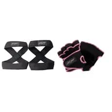Kit 1 Par De Luvas De Academia Rosa + 1 Par de Talas Straps 8 Preto Para levantamento de peso Flash