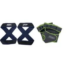 Kit 1 Par De Luvas De Academia Verde + 1 Par de Talas Straps 8 Azul Para Levantamento de Peso Flash