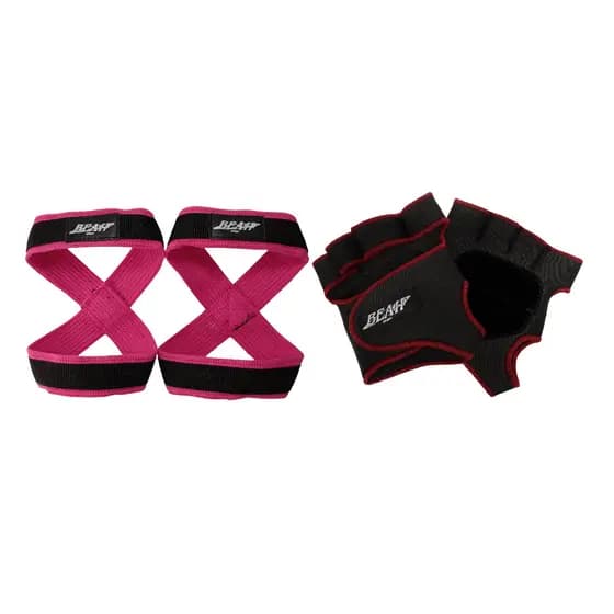 Kit 1 Par De Luvas De Academia Vermelho + 1 Par de Talas Straps 8 Rosa Para levantamento de peso Flash