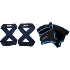 Kit 1 Par De Luvas De Academia Azul + 1 Par de Talas Straps 8 Azul Para levantamento de peso Flash