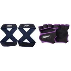 Kit 1 Par De Luvas De Academia Roxo + 1 Par de Talas Straps 8 Azul Para levantamento de peso Flash