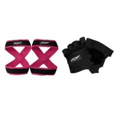 Kit 1 Par De Luvas De Academia Preto + 1 Par de Talas Straps 8 Rosa Para levantamento de peso Flash