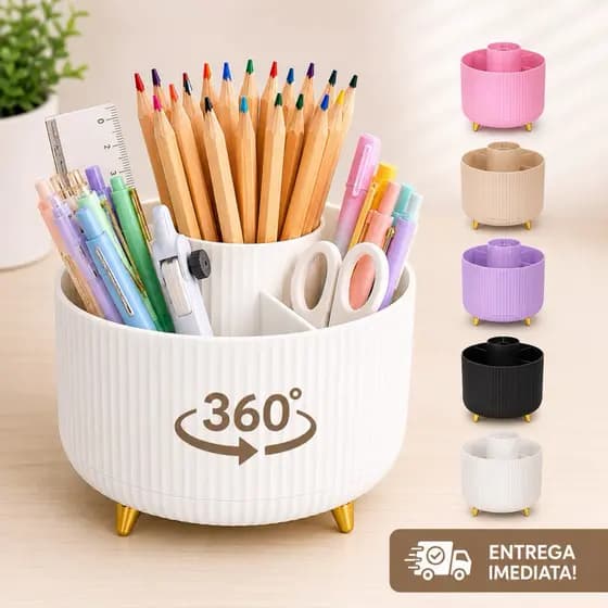 Organizador de Mesa Giratório 360° com 6 Compartimentos Porta Canetas Lápis Escritório Escola