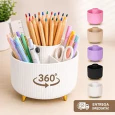 Organizador de Mesa Giratório 360° com 6 Compartimentos Porta Canetas Lápis Escritório Escola