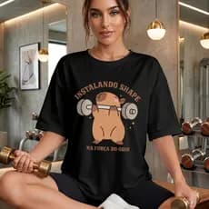 Camiseta Capivara Academia Shape 100% Algodão Oversized Streetwear Gym Tshirt Gringa Blusão Premium Unissex