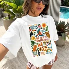 Blusa Camiseta Tshirt 100% Algodão Estampada Gringa Tendência Verão Moda Feminina Casual Premium Unissex