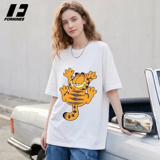 Camiseta Desenho Gato Laranja Estampa Grande Profissional 100% Algodão Streetwear Folgada Unissex Oversize