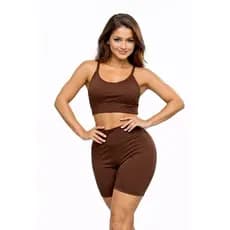 Conjunto Fitness Feminino Marrom Cintura Alta Modelador Academia Premium shorts e top cintural alta com bojo top