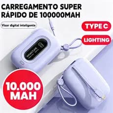 Carrega super rápido power bank de 10000 mAh com USB universal‌, compacto, portátil e com exibidor numérico