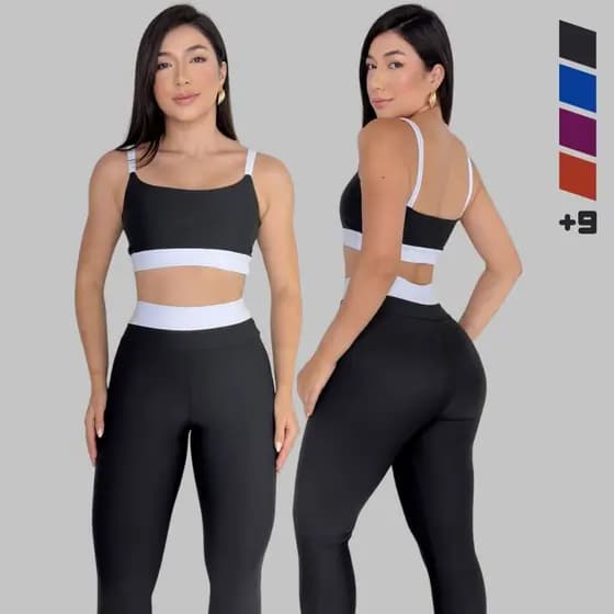 Conjunto Fitness Academia Feminino Bicolor Calça Legging e Top Alça Zero Transparência