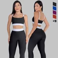 Conjunto Fitness Academia Feminino Bicolor Calça Legging e Top Alça Zero Transparência