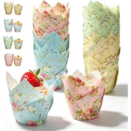 200 Peças Forros De Cupcake De Tulipa , Copos De Cozimento De Flores Florais Muffin De Papel Envoltórios Decorações De S