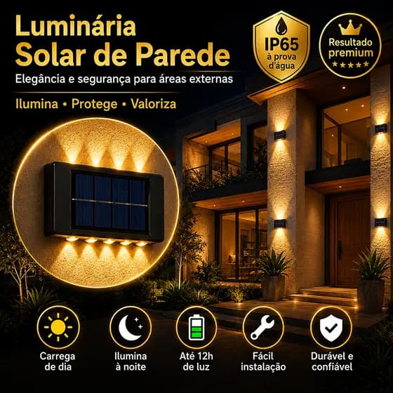Luminária Solar de Parede LED Luz Quente para Jardim Garagem Área Externa