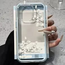 Capa Capinha Para iPhone 16 15 14 Plus 13 12 11 17 Air Pro Max Transparente 2 Em 1 Anti-Queda Flor Branca
