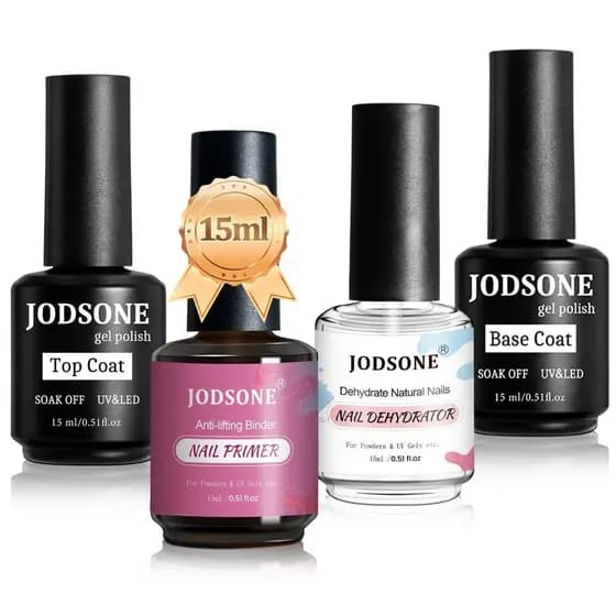 JODSONE 4 Frascos de 15ml de Desidratador de Unhas, Primer, Base e Top Coat, Longa Duração e Fácil Aplicação, Frasco Gra