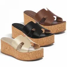 Sandália Feminina Plataforma Tamanco Cortiça Anabela Confortável Casual Verão Elegante Promoção