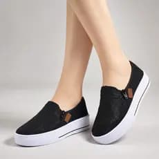 Tênis Feminino Slip On Confortável Leve Sapatênis Casual Zíper Lateral Brilho Promoção