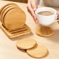 Kit 6 Porta Copos de Bambu Isolante com Suporte de Armazenamento Decoração para Cozinha Sala Jantar Bar e Café