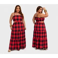 Vestido Longo Plus Size Feminino Xadrez Junino São João Alças Reguláveis Recorte na Cintura Moda Verão Elegante