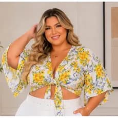 Blusa Plus Size Multiformas Romântico Trend Junina Cropped Feminina em Crepe Seda Estampada – Veste 44 46