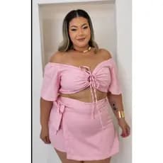 Conjunto Plus Size Cropped Ciganinha Saia Short Tropical Feminino Verão