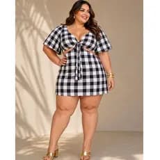 Macaquinho Plus Size Feminino Junino São João Curto Crepe Seda Veste 46 ao 50. Elástico na cintura, mangas fluidas
